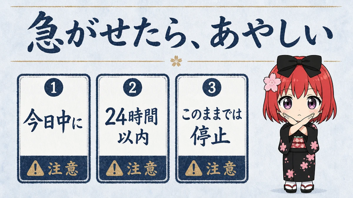 図解: 急がせたら、あやしい。今日中に・24時間以内・このままでは停止