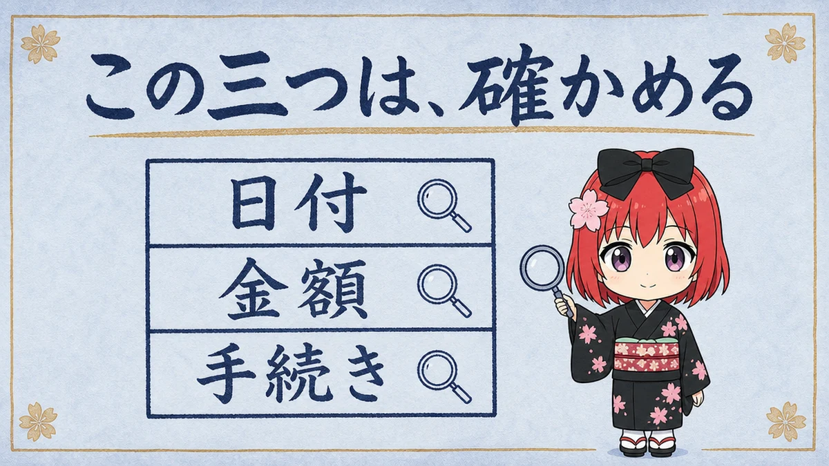 図解: この三つは、確かめる。日付・金額・手続き