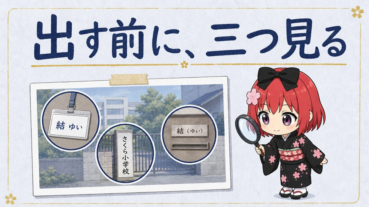 図解: 出す前に、三つ見る。名札・校門の看板・表札