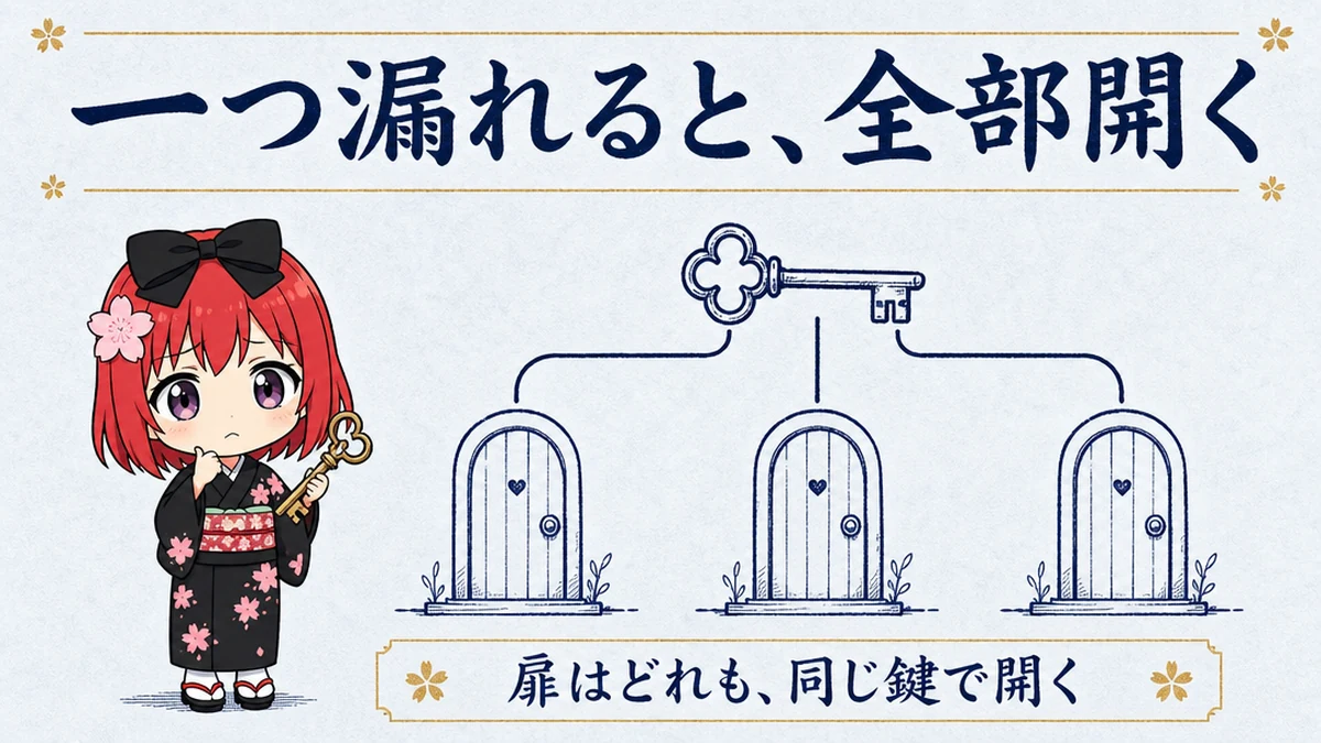 図解: 一つ漏れると、全部開く。扉はどれも同じ鍵で開く
