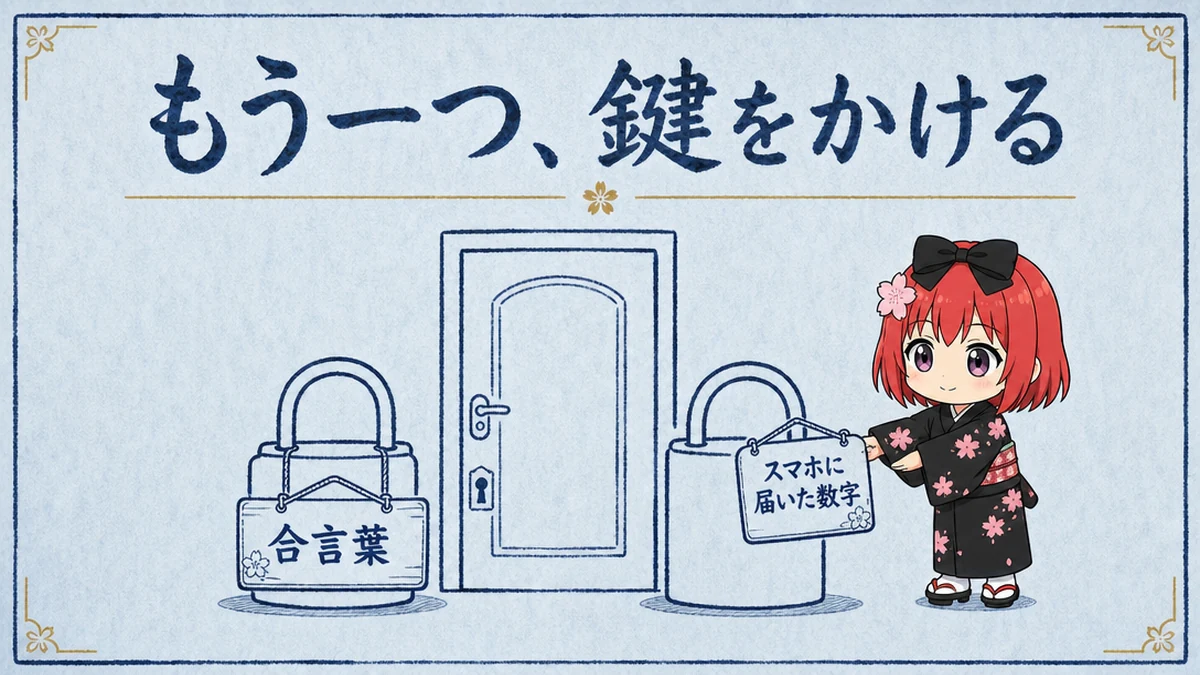 図解: もう一つ、鍵をかける。合言葉と、スマホに届いた数字