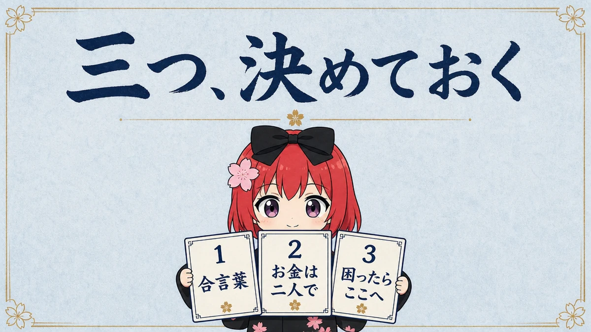 図解: 三つ、決めておく。合言葉・お金は二人で・困ったらここへ